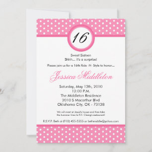 5x7 Roze Witte Polka Dot 16th Birthday Uitnodiging