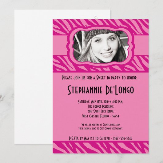 5x7 Roze Zebra FOTO Sweet 16 Verjaardag Uitnodigin Kaart (Voorkant / Achterkant)
