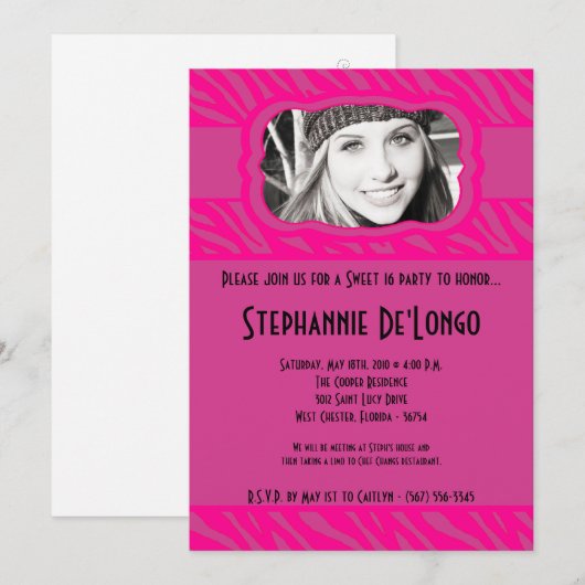 5x7 Roze Zebra FOTO Sweet 16 Verjaardag Uitnodigin Kaart (Voorkant / Achterkant)