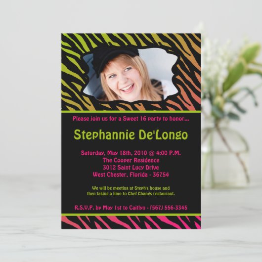 5x7 Roze Zebra FOTO Sweet 16 Verjaardag Uitnodigin Kaart (Staand voorkant)