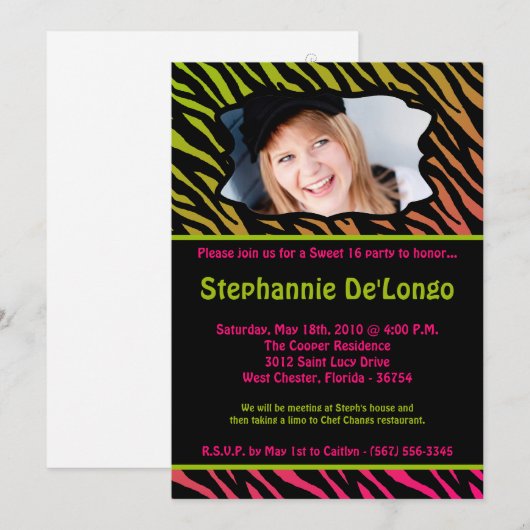 5x7 Roze Zebra FOTO Sweet 16 Verjaardag Uitnodigin Kaart (Voorkant / Achterkant)