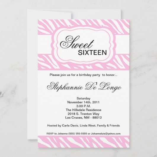 5x7 Roze Zebra Print Birthday Party Invitation Kaart (Voorkant)