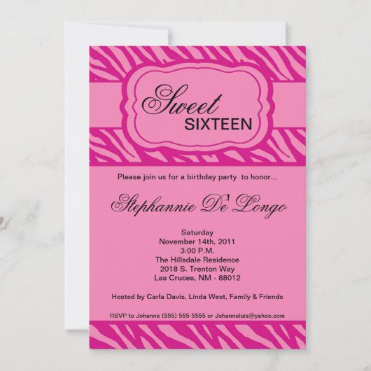 5x7 Roze Zebra Print Birthday Party Invitation Kaart (Voorkant)