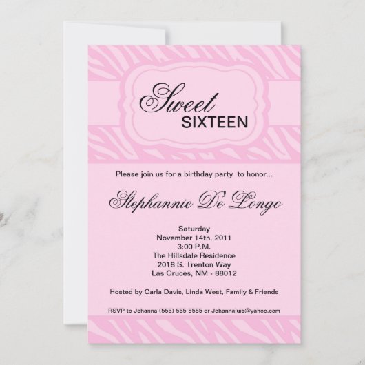 5x7 Roze Zebra Print Birthday Party Invitation Kaart (Voorkant)
