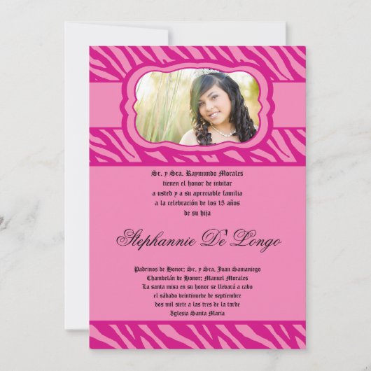 5x7 Roze Zebra Print Patter Quinceanera Uitnodigin Kaart (Voorkant)