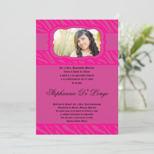 5x7 Roze Zebra Print Patter Quinceanera Uitnodigin Kaart (Staand voorkant)