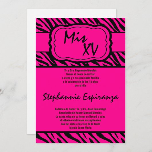 5x7 Roze Zebra Print Quinceanera 15 Uitnodiging (Voorkant / Achterkant)