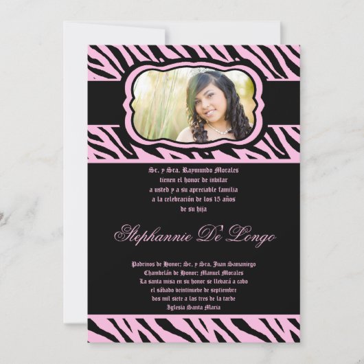 5x7 Roze Zebra Print Quinceanera Uitnodiging (Voorkant)