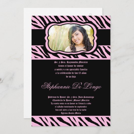 5x7 Roze Zebra Print Quinceanera Uitnodiging (Voorkant / Achterkant)