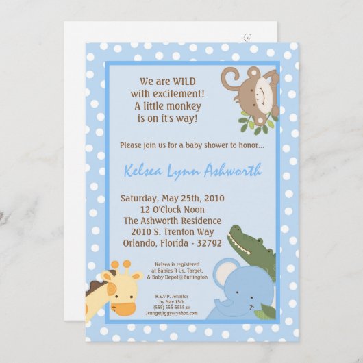 5x7 Safari Oerwoud ZooAnimal Baby shower Uitnodigi Kaart (Voorkant / Achterkant)
