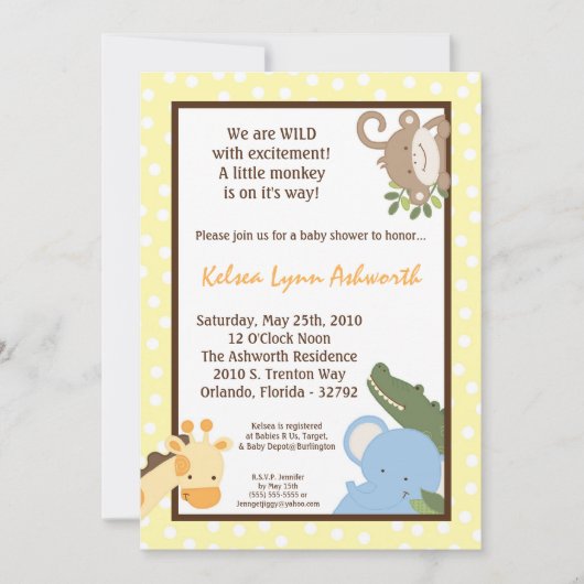 5x7 Safari Oerwoud ZooAnimal Baby shower Uitnodigi Kaart (Voorkant)