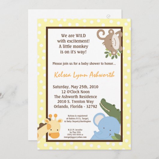 5x7 Safari Oerwoud ZooAnimal Baby shower Uitnodigi Kaart (Voorkant / Achterkant)