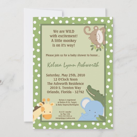 5x7 Safari Oerwoud ZooAnimal Baby shower Uitnodigi Kaart (Voorkant)
