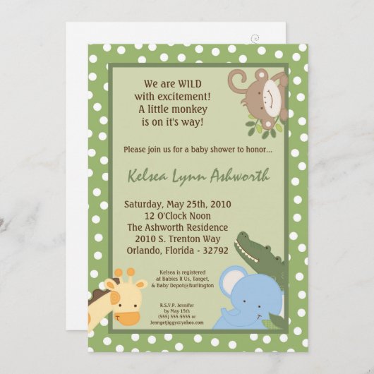 5x7 Safari Oerwoud ZooAnimal Baby shower Uitnodigi Kaart (Voorkant / Achterkant)