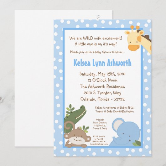 5x7 Safari Oerwoud ZooAnimal Baby shower Uitnodigi Kaart (Voorkant / Achterkant)