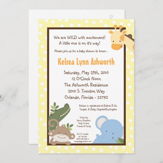 5x7 Safari Oerwoud ZooAnimal Baby shower Uitnodigi Kaart (Voorkant / Achterkant)