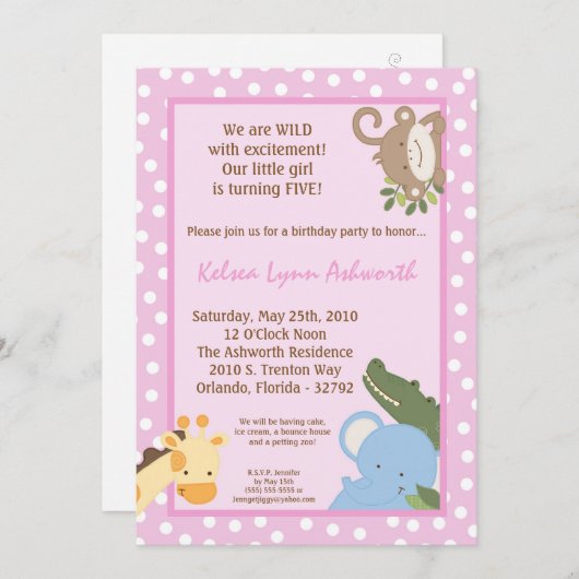 5x7 Safari Oerwoud ZooAnimal Verjaardagsuitnodigin Kaart (Voorkant / Achterkant)