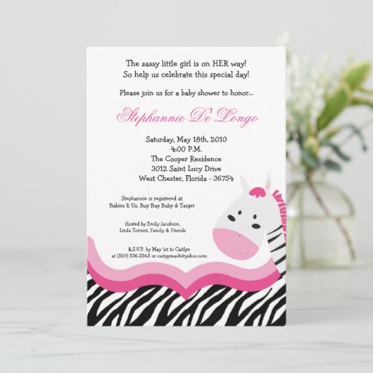 5x7 Sassy Pink Oerwoud Zebra Uitnodiging (Staand voorkant)