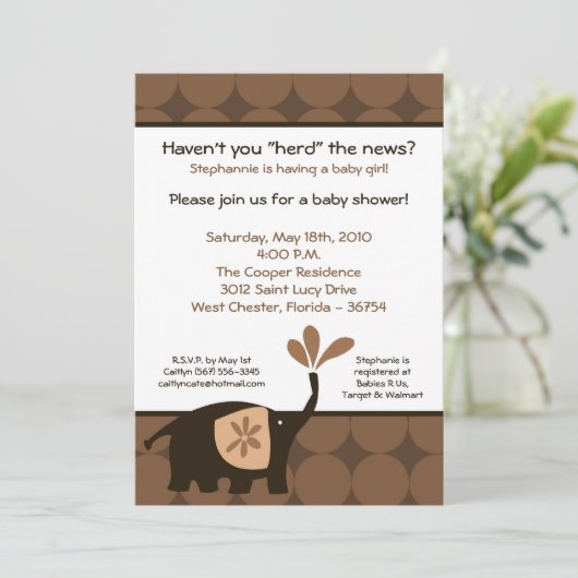 5x7 Schattige bruin olifant Baby shower uitnodigin Kaart (Staand voorkant)
