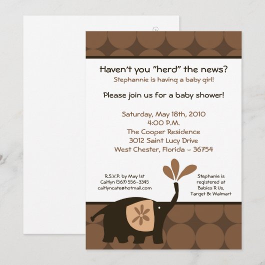 5x7 Schattige bruin olifant Baby shower uitnodigin Kaart (Voorkant / Achterkant)
