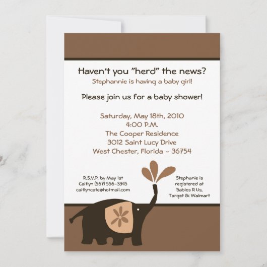 5x7 Schattige bruin olifant Baby shower uitnodigin Kaart (Voorkant)
