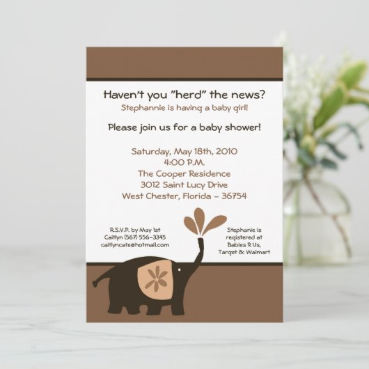 5x7 Schattige bruin olifant Baby shower uitnodigin Kaart (Staand voorkant)