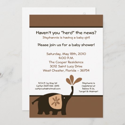5x7 Schattige bruin olifant Baby shower uitnodigin Kaart (Voorkant / Achterkant)
