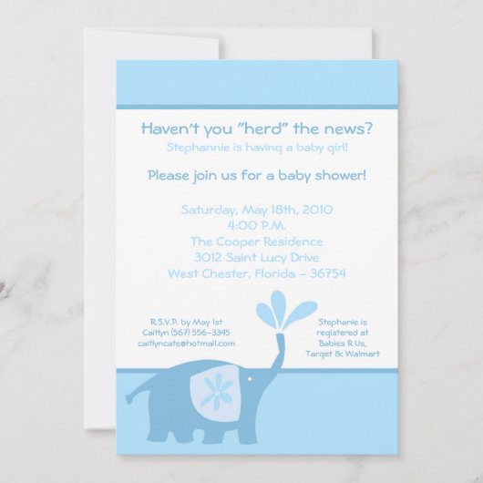 5x7 Schattigee Blue Elephant Baby shower Uitnodigi Kaart (Voorkant)