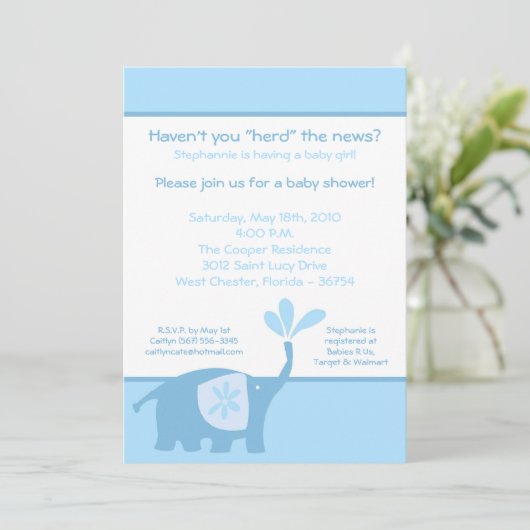 5x7 Schattigee Blue Elephant Baby shower Uitnodigi Kaart (Staand voorkant)