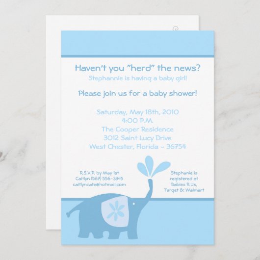 5x7 Schattigee Blue Elephant Baby shower Uitnodigi Kaart (Voorkant / Achterkant)