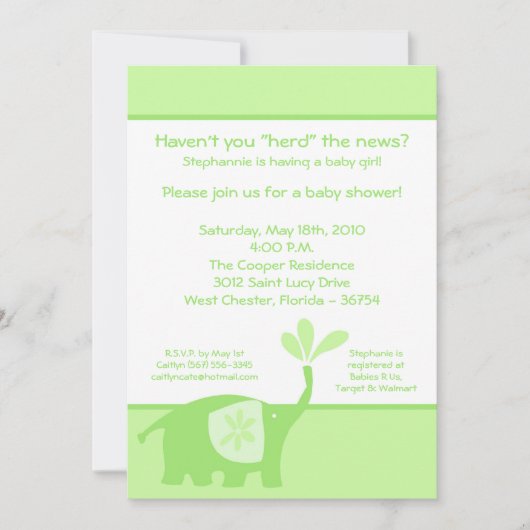 5x7 Schattigee groene olifant Baby shower uitnodig Kaart (Voorkant)