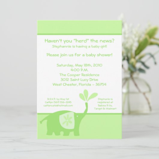 5x7 Schattigee groene olifant Baby shower uitnodig Kaart (Staand voorkant)