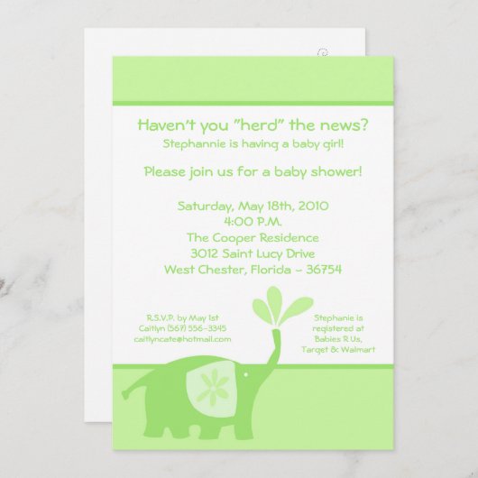 5x7 Schattigee groene olifant Baby shower uitnodig Kaart (Voorkant / Achterkant)