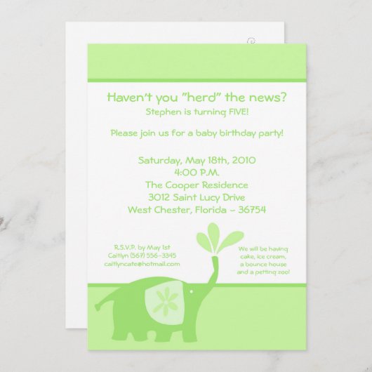 5x7 Schattigee groene olifant verjaardagsfeestje u Kaart (Voorkant / Achterkant)