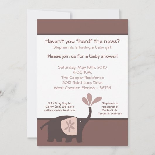 5x7 Schattigee Paarse Olifant Baby shower Uitnodig Kaart (Voorkant)