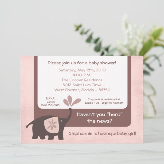 5x7 Schattigee Paarse Olifant Baby shower Uitnodig Kaart (Staand voorkant)