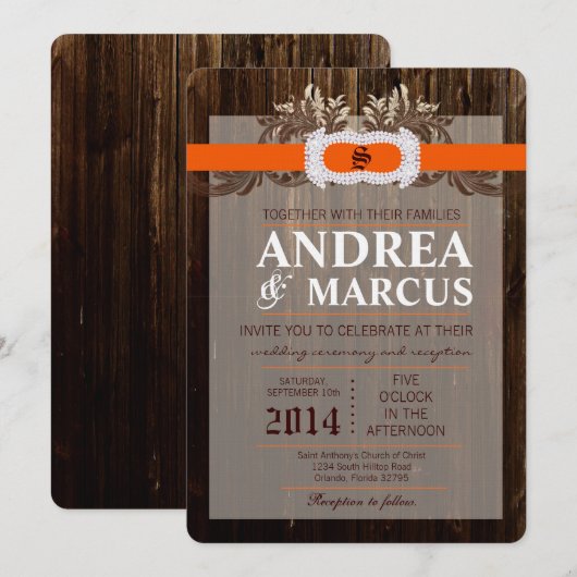 5x7 schuur hout diamant lint bruiloft uitnodiging (Voorkant / Achterkant)