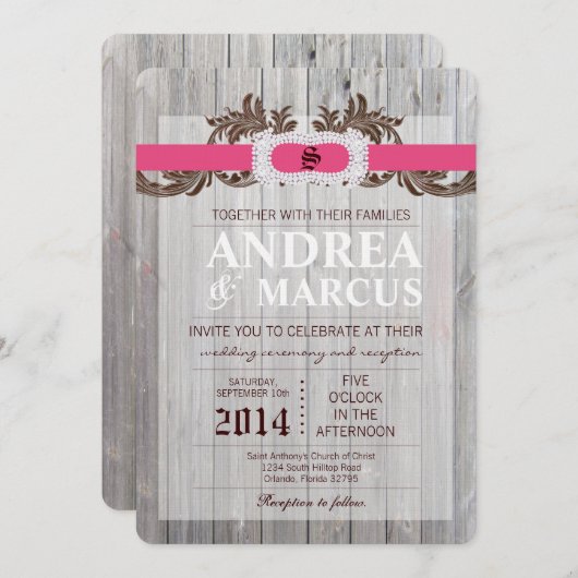5x7 schuur hout diamant lint bruiloft uitnodiging (Voorkant / Achterkant)