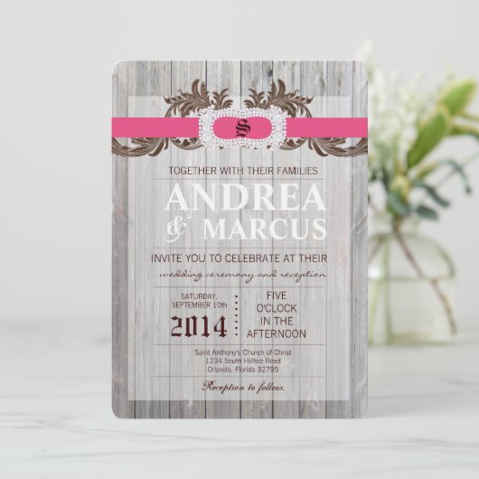 5x7 schuur hout diamant lint bruiloft uitnodiging (Staand voorkant)