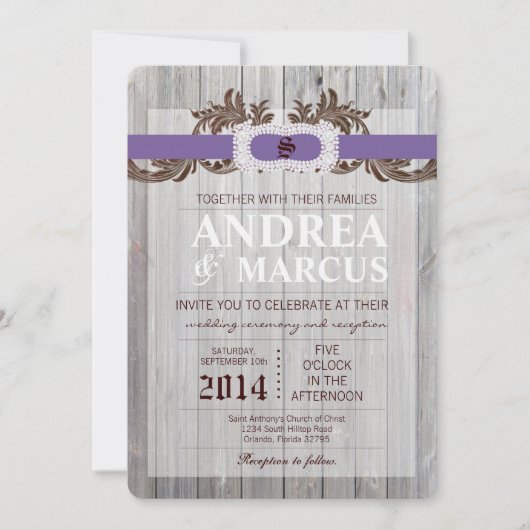 5x7 schuur hout diamant lint bruiloft uitnodiging (Voorkant)