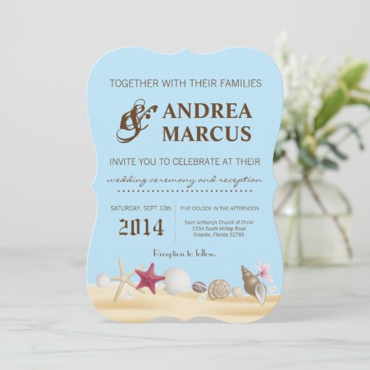 5x7 Sea Shells Beach Sand Tropi Huwelijksuitnodigi Kaart (Staand voorkant)