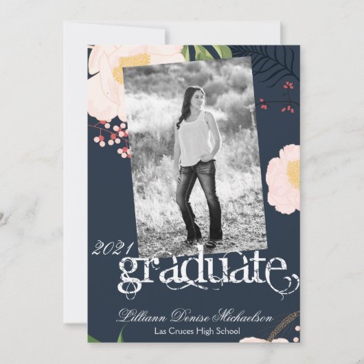 5x7 Senior Aankondiging Baby Roze Kosmos op Navy (Voorkant)