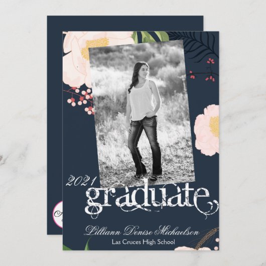 5x7 Senior Aankondiging Baby Roze Kosmos op Navy (Voorkant / Achterkant)