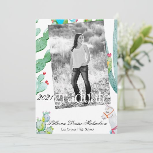 5x7 Senior aankondiging Boho Llama Bohemian Cacti (Staand voorkant)