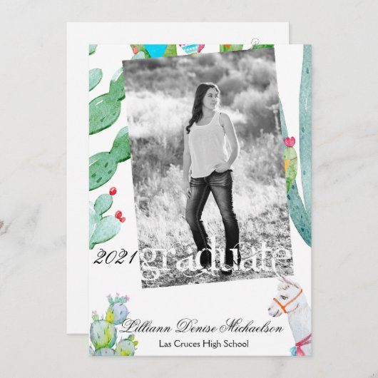 5x7 Senior aankondiging Boho Llama Bohemian Cacti (Voorkant / Achterkant)