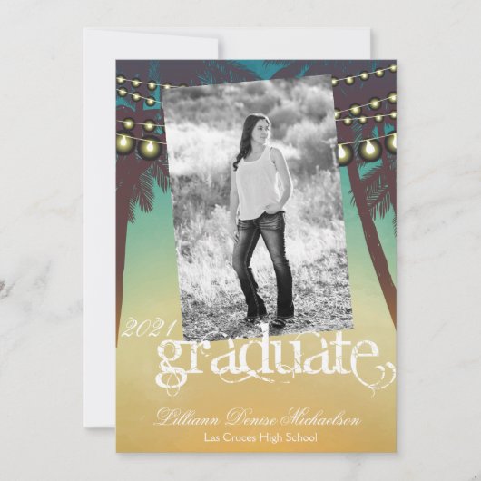 5x7 Senior Aankondiging Strand Zonsondergang Palm (Voorkant)