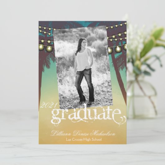 5x7 Senior Aankondiging Strand Zonsondergang Palm  (Staand voorkant)