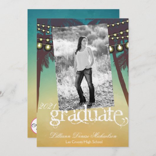 5x7 Senior Aankondiging Strand Zonsondergang Palm  (Voorkant / Achterkant)