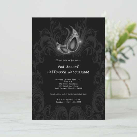 5x7 Silver Masquerade Halloween Kostuum Uitnodigin Kaart (Staand voorkant)