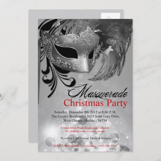 5x7 Silver Red Masquerade-kerstuitnodiging Kaart (Voorkant / Achterkant)